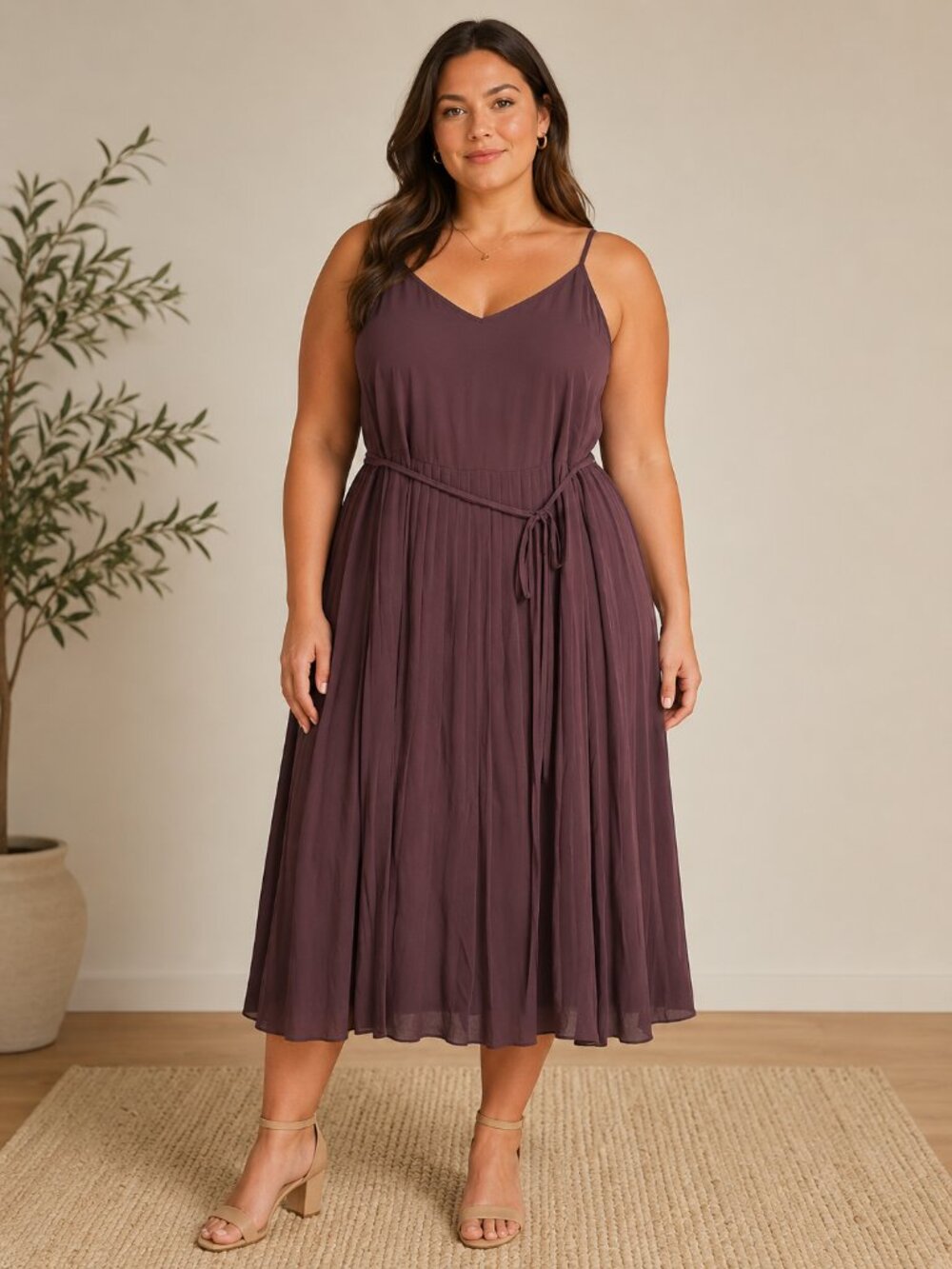 NWT LOFT Outlet Women’s Sz Large Sleeveless Purple Pleated Dress with Waist Tie